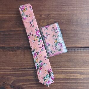 NWOT Mens Warm Pink Floral Tie + Pocket Square